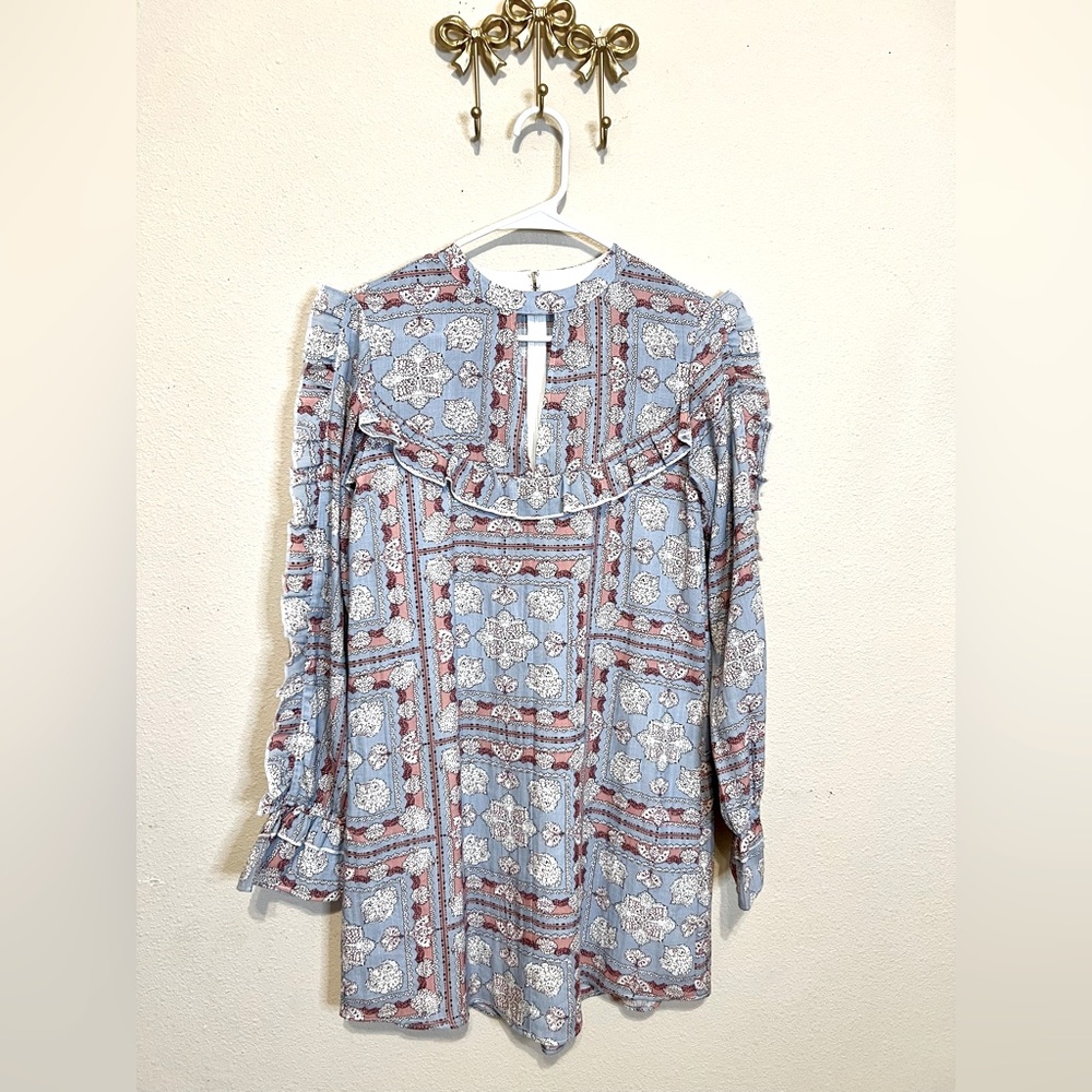 Dusty blue & pink prairie style mini dress Ruffled Bib Collar and Cuffed Sleeves